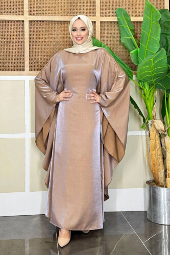 Yarasakol Bel Kısmı Gizli İp Kuşaklı Elbise 3891 Vizon - Bym Fashion