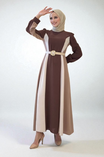 Bel Kuşaklı Üç Renk Elbise 3901 Kahverengi - Bym Fashion