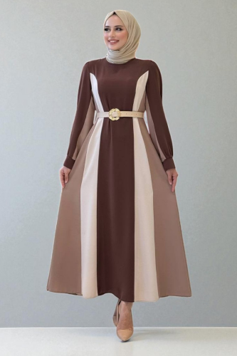 Bel Kuşaklı Üç Renk Elbise 3901 Kahverengi - 3