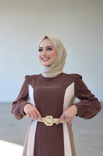 Bel Kuşaklı Üç Renk Elbise 3901 Kahverengi - 5