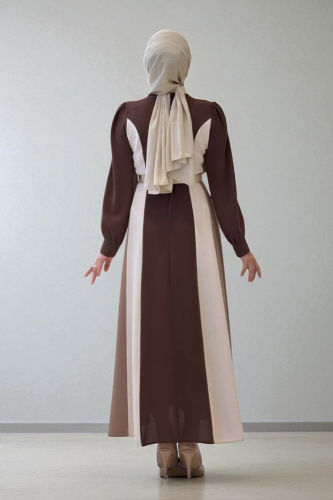 Bel Kuşaklı Üç Renk Elbise 3901 Kahverengi - 2