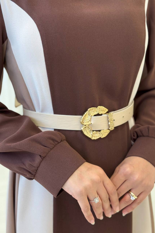 Bel Kuşaklı Üç Renk Elbise 3901 Kahverengi - 4