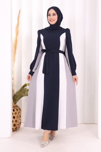 Bel Kuşaklı Üç Renk Elbise 3901 Lacivert - 1