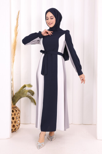 Bel Kuşaklı Üç Renk Elbise 3901 Lacivert - 2
