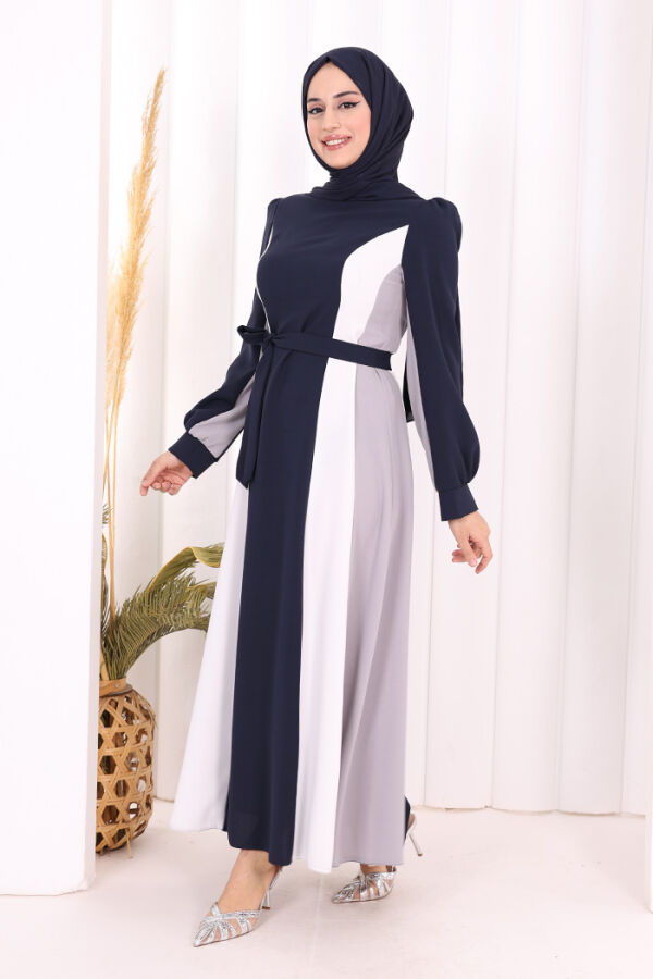 Bel Kuşaklı Üç Renk Elbise 3901 Lacivert - 3