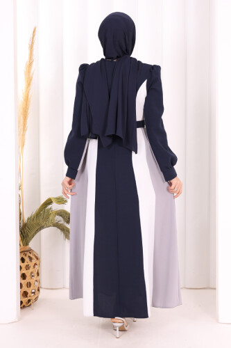 Bel Kuşaklı Üç Renk Elbise 3901 Lacivert - 4