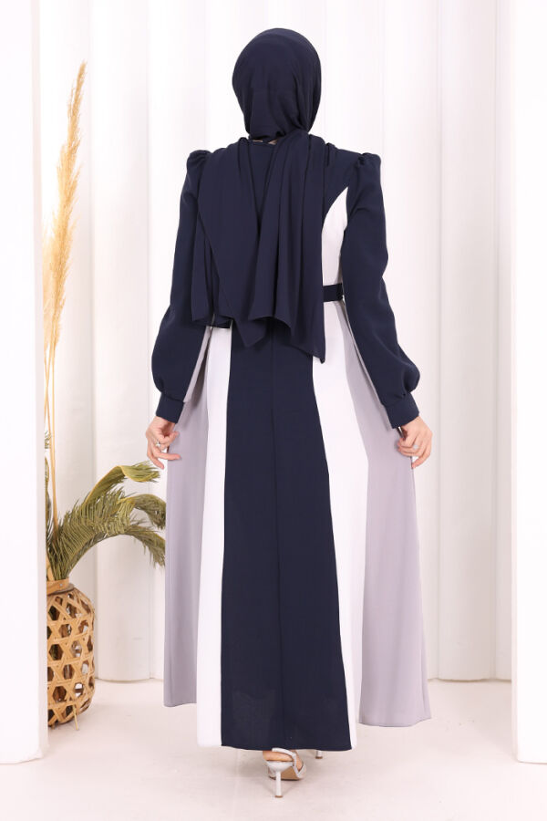Bel Kuşaklı Üç Renk Elbise 3901 Lacivert - 4