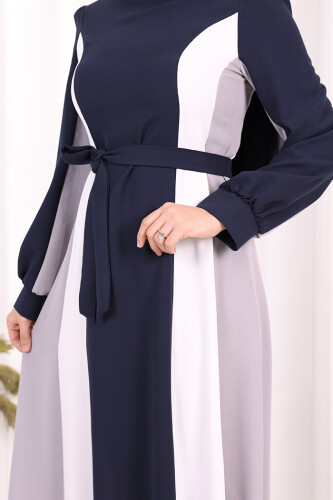 Bel Kuşaklı Üç Renk Elbise 3901 Lacivert - 5