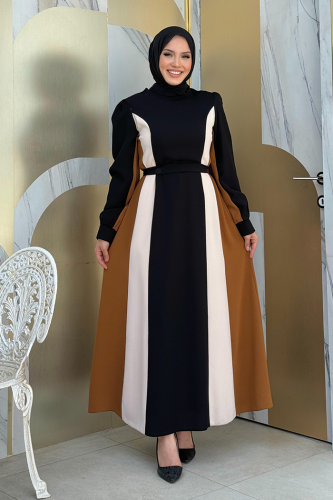 Bel Kuşaklı Üç Renk Elbise 3901 Siyah - Bym Fashion