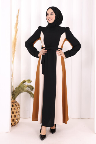 Bel Kuşaklı Üç Renk Elbise 3901 Siyah