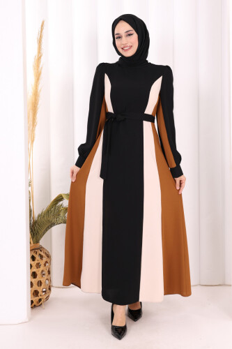 Bel Kuşaklı Üç Renk Elbise 3901 Siyah - 2