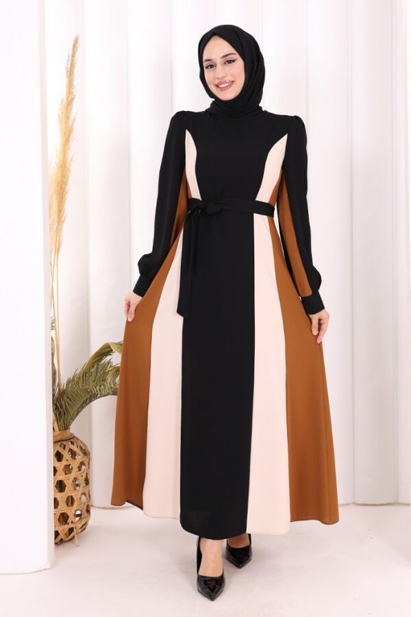 Bel Kuşaklı Üç Renk Elbise 3901 Siyah - 2