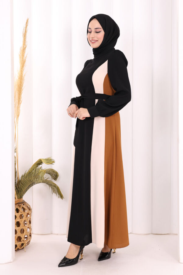 Bel Kuşaklı Üç Renk Elbise 3901 Siyah - 3