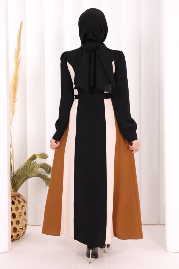 Bel Kuşaklı Üç Renk Elbise 3901 Siyah - 4