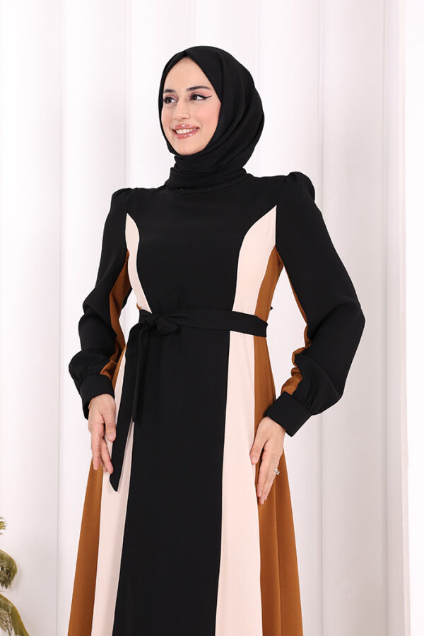Bel Kuşaklı Üç Renk Elbise 3901 Siyah - 5
