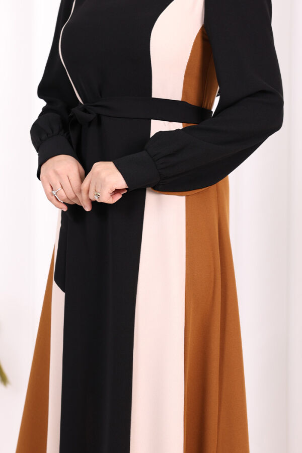 Bel Kuşaklı Üç Renk Elbise 3901 Siyah - 6