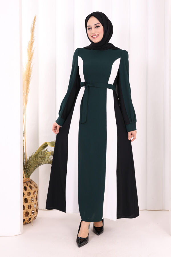 Bel Kuşaklı Üç Renk Elbise 3901 Zümrüt - 1