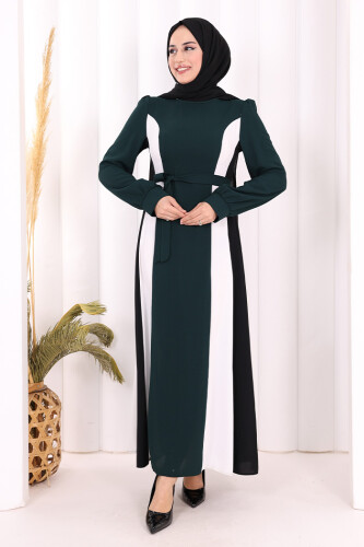 Bel Kuşaklı Üç Renk Elbise 3901 Zümrüt - 2
