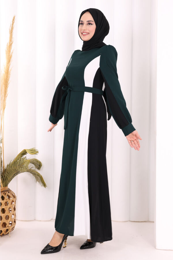 Bel Kuşaklı Üç Renk Elbise 3901 Zümrüt - 3