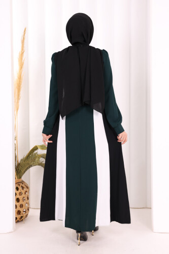 Bel Kuşaklı Üç Renk Elbise 3901 Zümrüt - 4