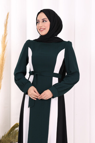 Bel Kuşaklı Üç Renk Elbise 3901 Zümrüt - 5