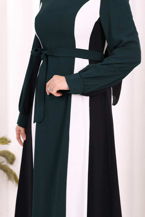 Bel Kuşaklı Üç Renk Elbise 3901 Zümrüt - 6