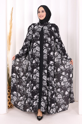 Boyun Bağcıklı Çiçek Desenli Abayalı Elbise Takım 3907 Siyah