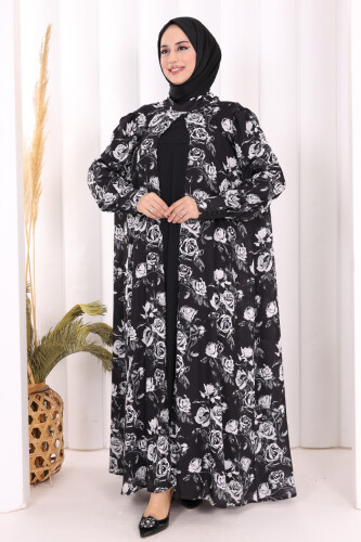 Boyun Bağcıklı Çiçek Desenli Abayalı Elbise Takım 3907 Siyah - 2