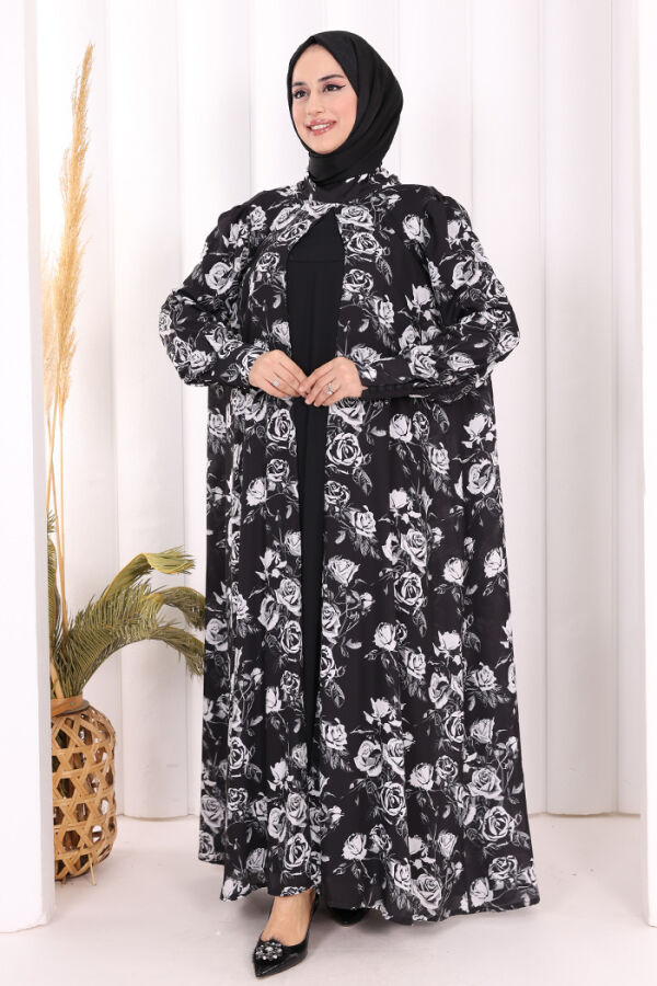 Boyun Bağcıklı Çiçek Desenli Abayalı Elbise Takım 3907 Siyah - 2