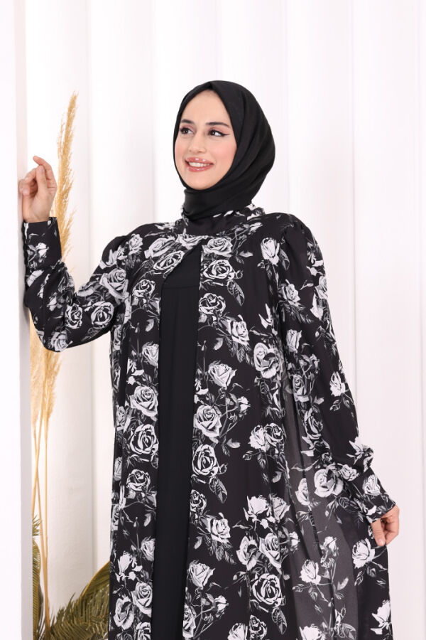 Boyun Bağcıklı Çiçek Desenli Abayalı Elbise Takım 3907 Siyah - 3