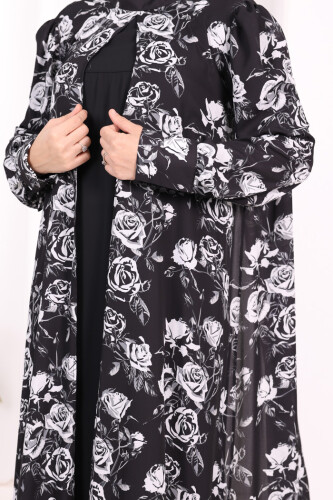Boyun Bağcıklı Çiçek Desenli Abayalı Elbise Takım 3907 Siyah - 4