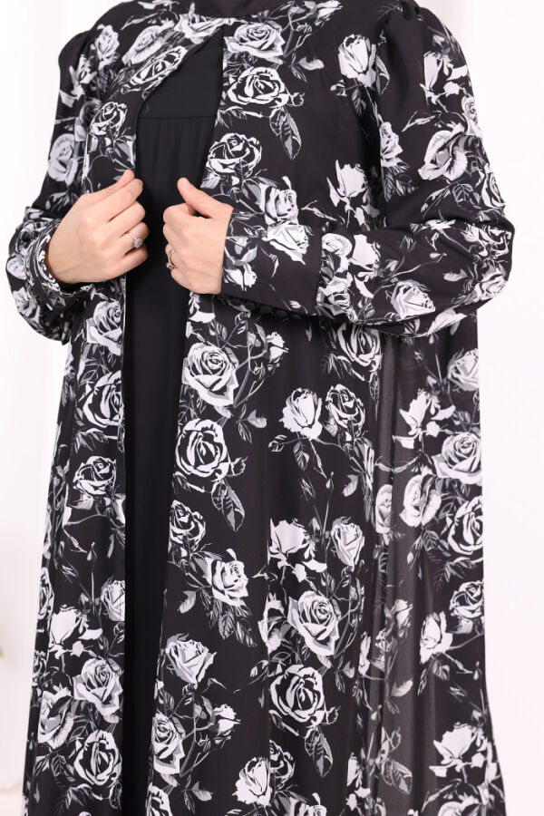 Boyun Bağcıklı Çiçek Desenli Abayalı Elbise Takım 3907 Siyah - 4