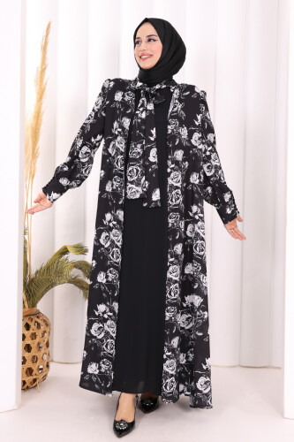 Boyun Bağcıklı Çiçek Desenli Abayalı Elbise Takım 3907 Siyah - 5