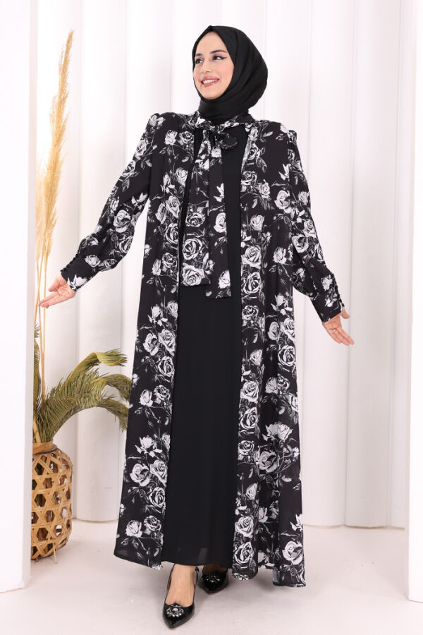 Boyun Bağcıklı Çiçek Desenli Abayalı Elbise Takım 3907 Siyah - 5