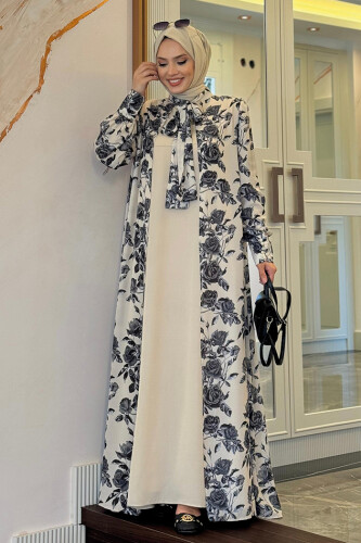 Boyun Bağcıklı Çiçek Desenli Abayalı Elbise Takım 3907 Taş - Bym Fashion