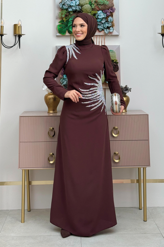 Omuz ve Bel Kısmı Taş Detaylı Abiye Elbise 3909 Kahverengi - Bym Fashion
