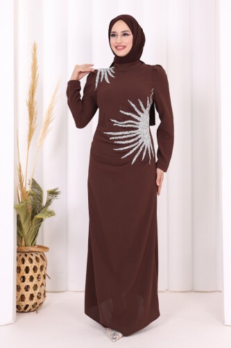 Omuz ve Bel Kısmı Taş Detaylı Abiye Elbise 3909 Kahverengi - 2