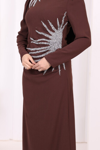 Omuz ve Bel Kısmı Taş Detaylı Abiye Elbise 3909 Kahverengi - 6