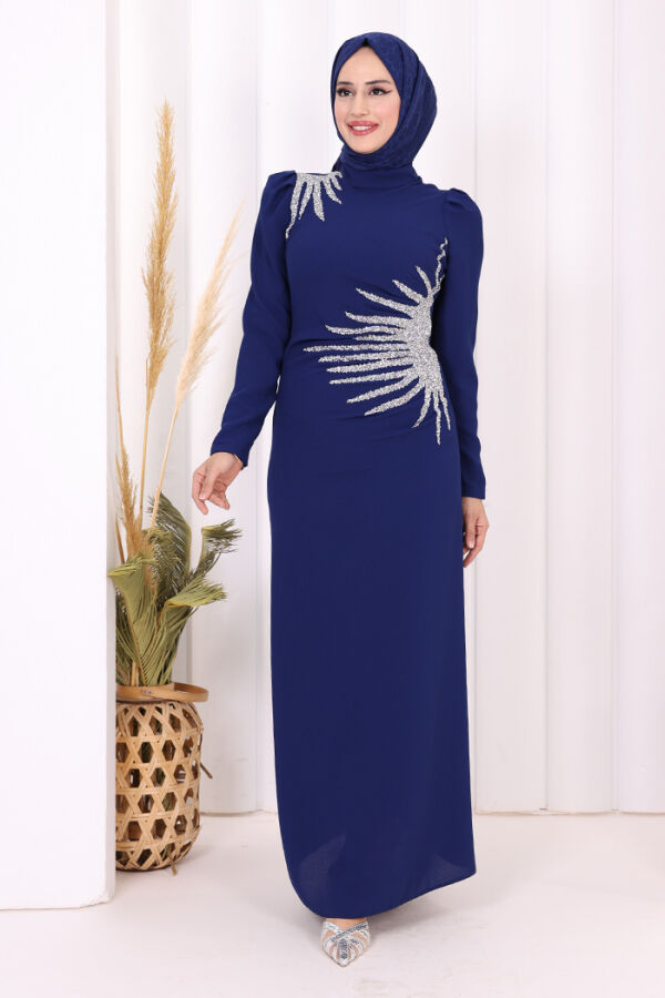 Omuz ve Bel Kısmı Taş Detaylı Abiye Elbise 3909 Lacivert - 2