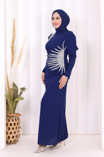 Omuz ve Bel Kısmı Taş Detaylı Abiye Elbise 3909 Lacivert - 3