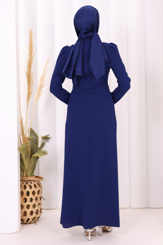 Omuz ve Bel Kısmı Taş Detaylı Abiye Elbise 3909 Lacivert - 4