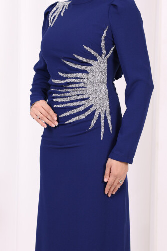 Omuz ve Bel Kısmı Taş Detaylı Abiye Elbise 3909 Lacivert - 6