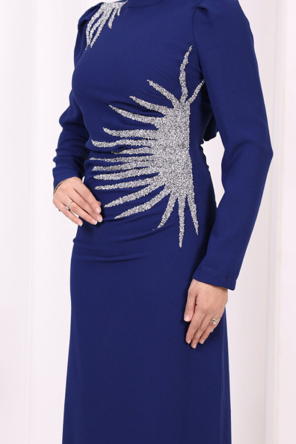 Omuz ve Bel Kısmı Taş Detaylı Abiye Elbise 3909 Lacivert - 6