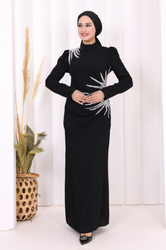 Omuz ve Bel Kısmı Taş Detaylı Abiye Elbise 3909 Siyah 