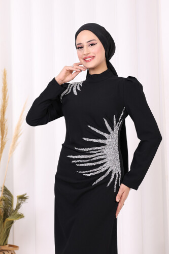 Omuz ve Bel Kısmı Taş Detaylı Abiye Elbise 3909 Siyah - 5