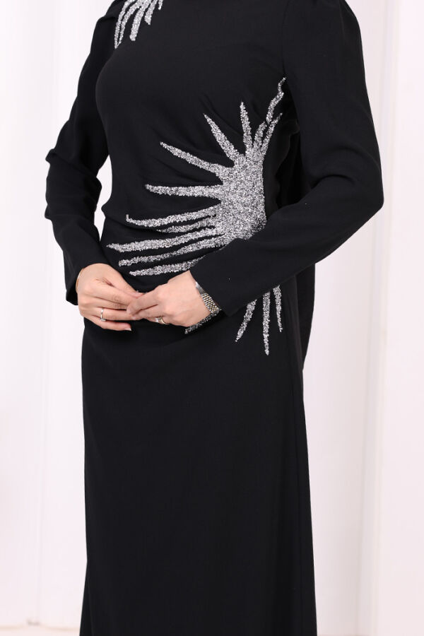 Omuz ve Bel Kısmı Taş Detaylı Abiye Elbise 3909 Siyah - 6