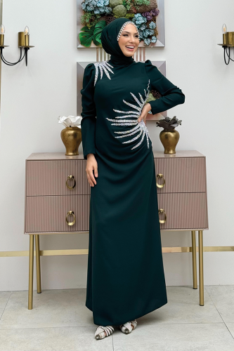 Omuz ve Bel Kısmı Taş Detaylı Abiye Elbise 3909 Zümrüt - Bym Fashion