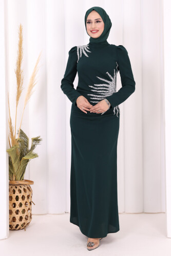 Omuz ve Bel Kısmı Taş Detaylı Abiye Elbise 3909 Zümrüt - 1