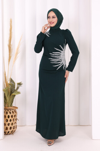 Omuz ve Bel Kısmı Taş Detaylı Abiye Elbise 3909 Zümrüt - 2