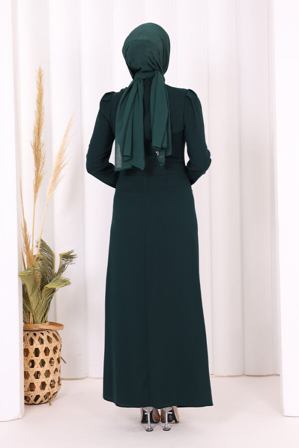 Omuz ve Bel Kısmı Taş Detaylı Abiye Elbise 3909 Zümrüt - 3